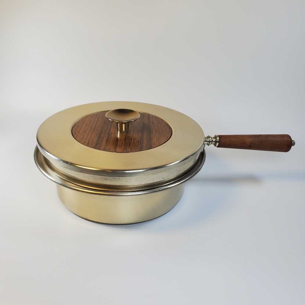 Vintage MCM Wooden Teak Buehner Wanner DURA BRASS CHAFING DISH FONDUE POT Danish